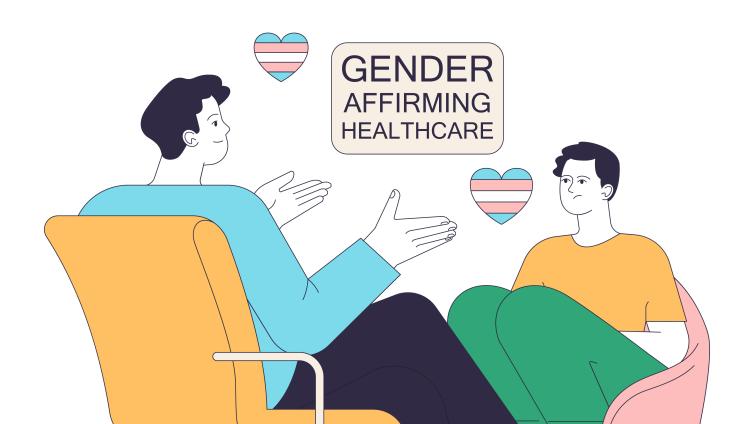 Two characters talking with floating trans flag hearts